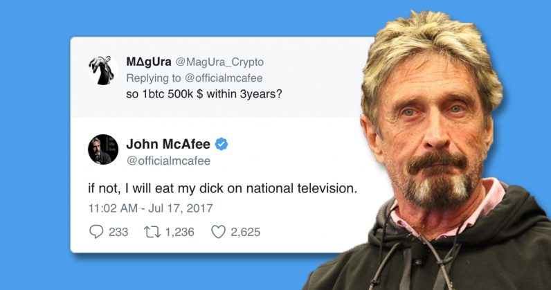 Find out how long until John McAfee must eat his own dick (cos Bitcoin)