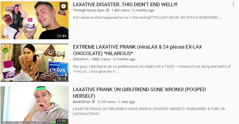  youtube videos partner children laxatives involving pretending 