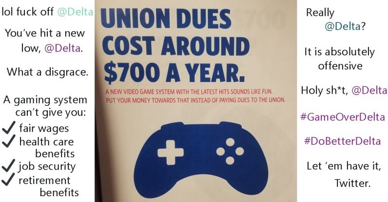 Twitter tears into Delta for its tone-deaf anti-union, pro-video game poster
