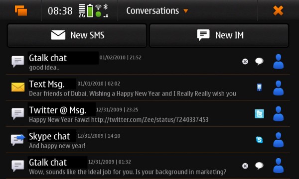 Nokia N900's Conversations App (contact names have been replaced with conversation type)