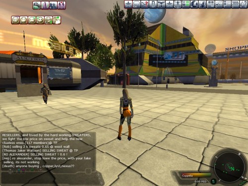 Shot taken from Entropia Universe Depicting a player heading to a shopping center