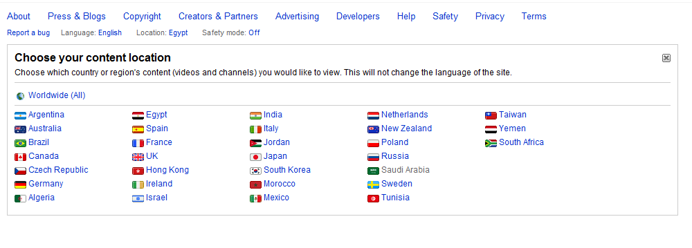 Choose your country on YouTube