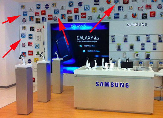 Samsung shop 520x378 Who copies who? Samsung store display re uses Apple icons