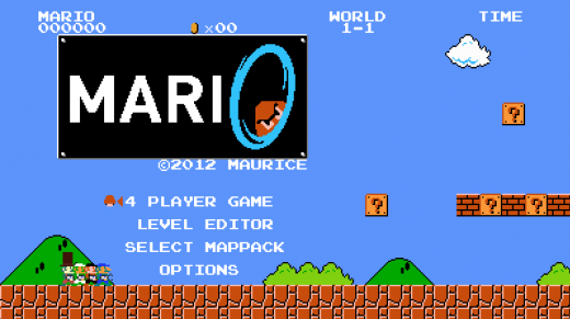 Mari0's title allows the player to choose from single or multiplayer mode, select maps, and adjust game options.