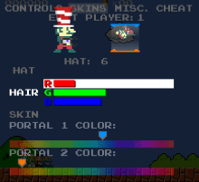Mari0's options screen allows the user to customize the character's appearance and portal color, as well as controls and cheats (which must be unlocked).
