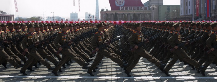 North Korean soldiers march during a mil