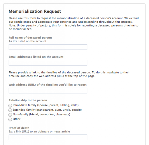 Facebook Memorialization Request