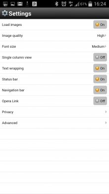 Opera Mini App settings