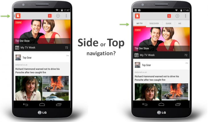 Side or top navigation drawer for mobile