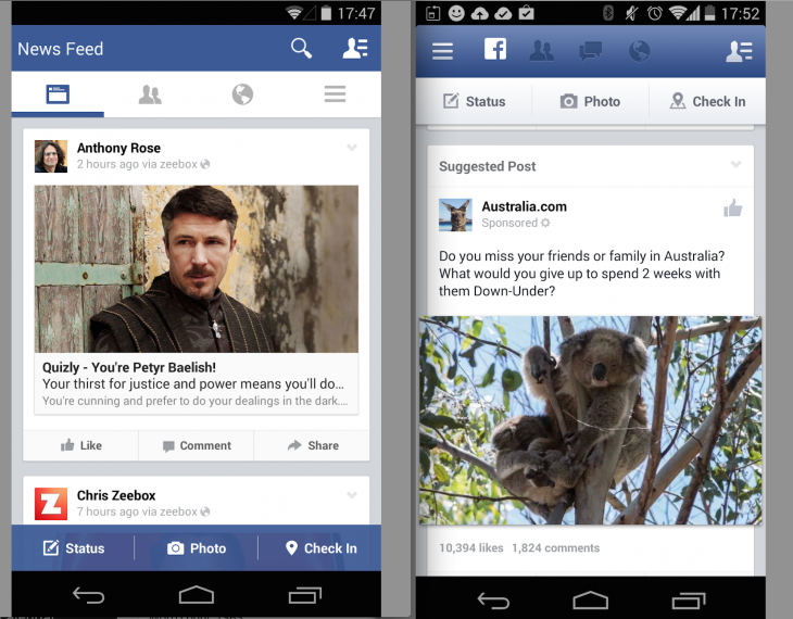 Facebook A/B test on top navigation and side navigation drawer