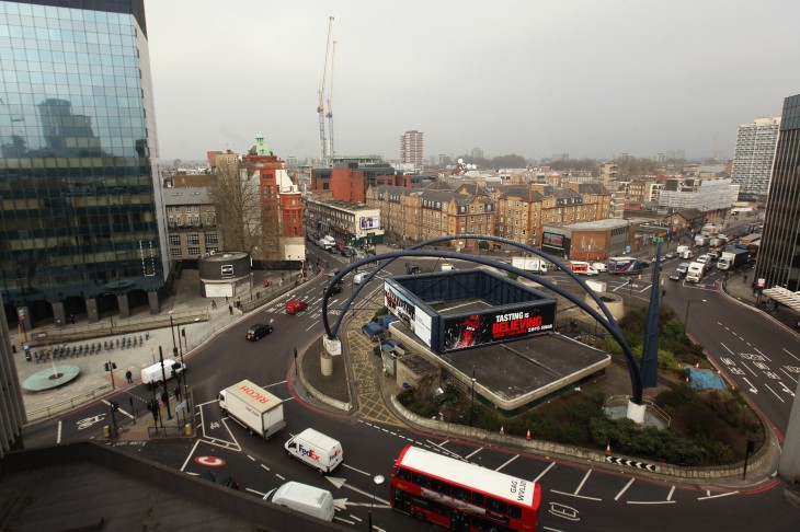 Old Street roundabout, the iconic center, if not actual center of 'Tech City' in London. Image via Getty Images.