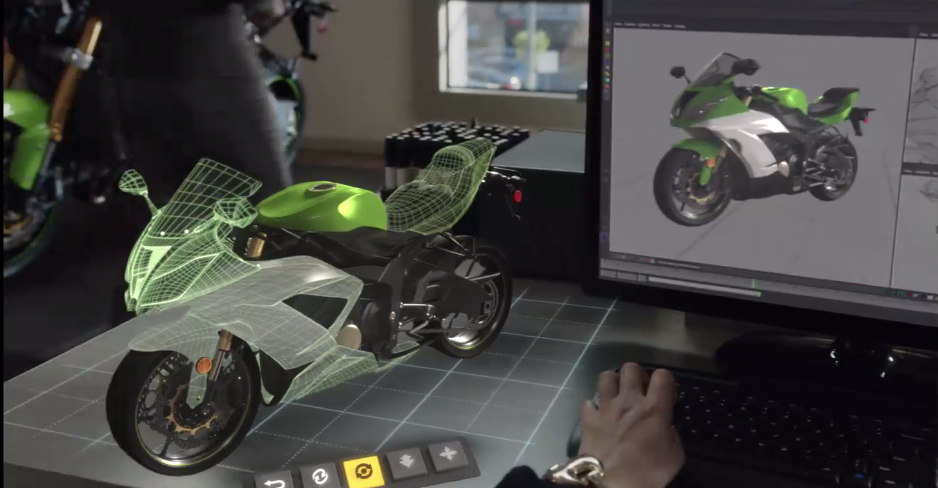 A scene from a HoloLens demo reel showing industrial design applications