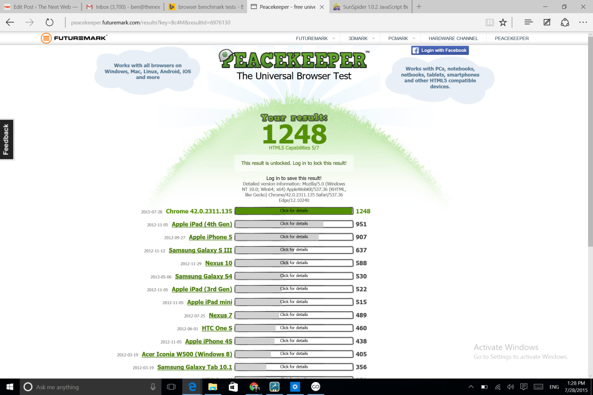 Microsoft Edge browser performance test on Futuremark Peacekeeper 