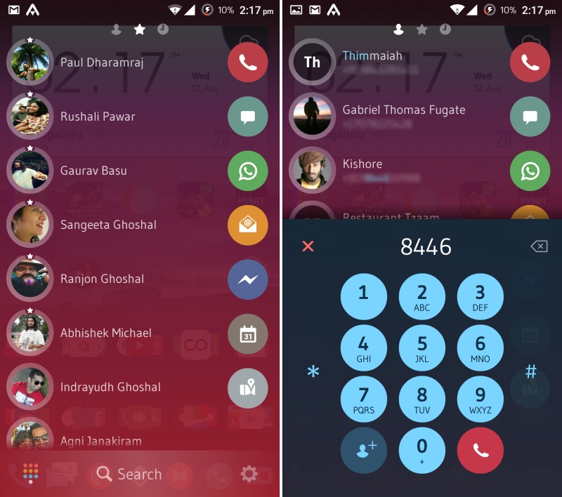 Drag contacts to your favorite messaging apps (left); The new dialer lets you find and call contacts in a snap (right)