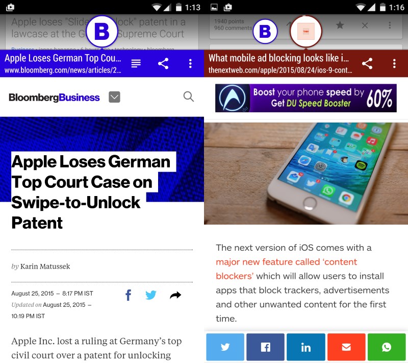 Link Bubble opens links in floating tabs above your current app