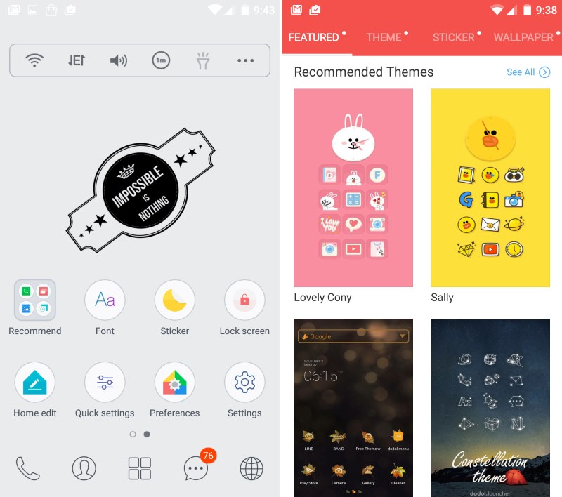 Customize your home screens with stickers and more (left); Download new elements and themes in the store (right)