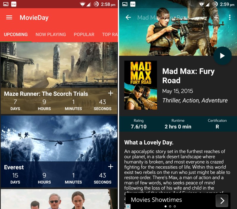 MovieDay helps you track upcoming films with a countdown (left); tap a title to view detailed info and a trailer (right)