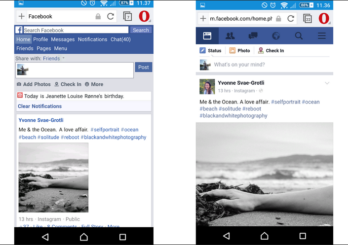 Facebook in Opera Mini's Extreme Mode (left); the same page in High mode (right)