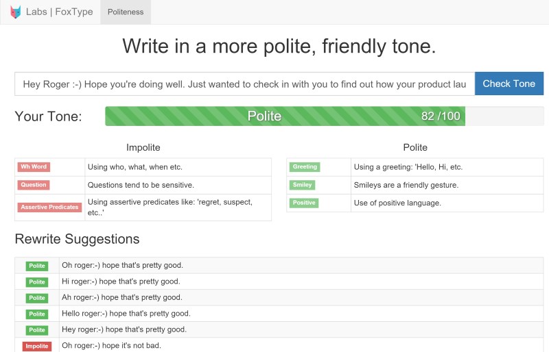 FoxType suggests alternative words and ways to rewrite your email to make it sound more polite