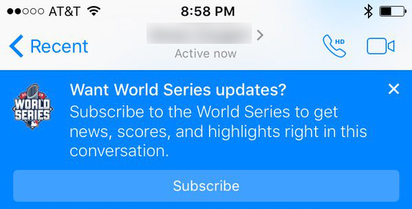 This prompt popped up in Messenger when a user was chatting with a friend about the Mets-Royals game