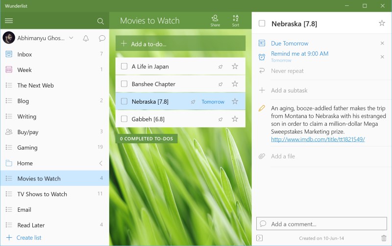 Wunderlist for Windows 10 features a sleek, easy to use interface