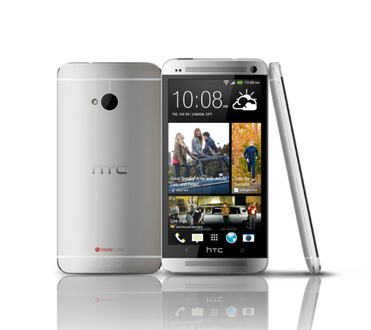 HTC's original One M7, in silver. 