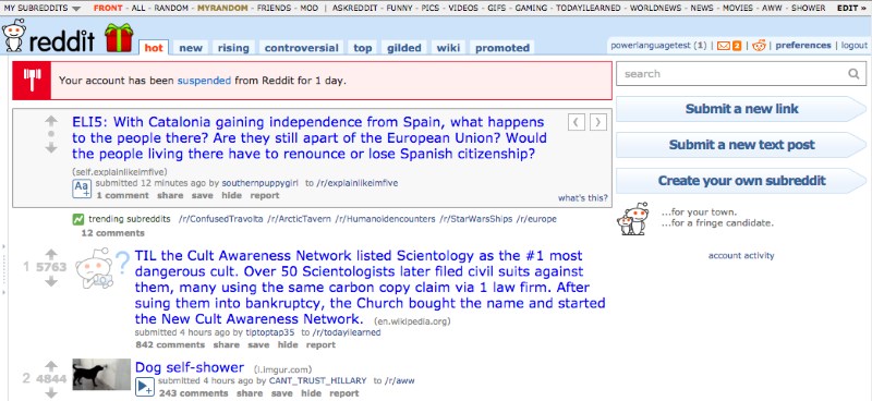 Reddit suspension notifications will show up on users' front pages and inboxes
