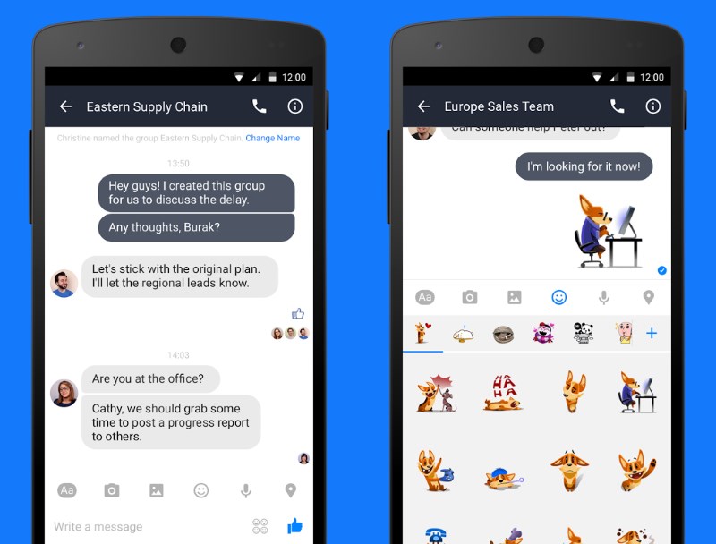 Work Chat looks nearly identical to Facebook's Messenger; it even supports stickers