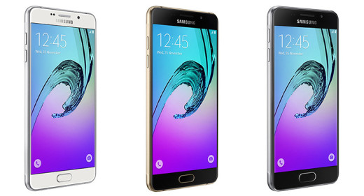 Samsung's Galaxy A7 (left) and A5 (center) offer Samsung Pay support; the A3 (right) does not