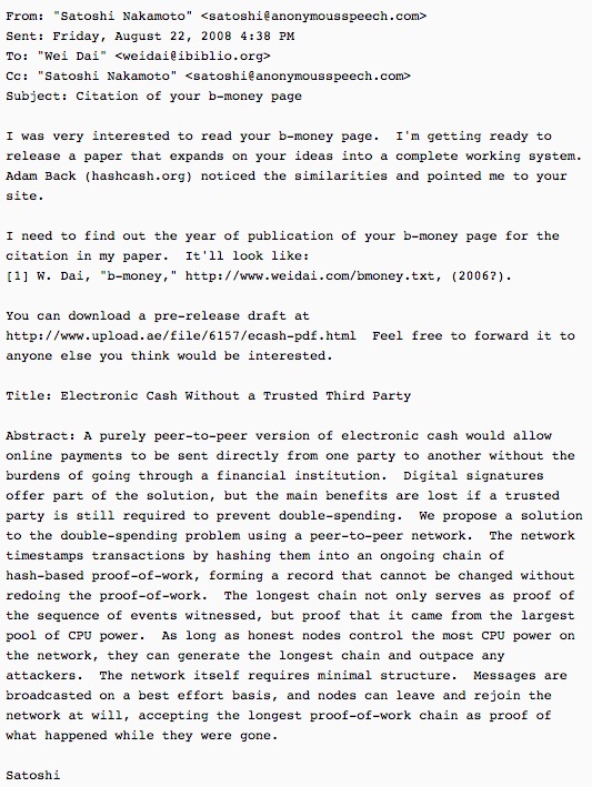 Email between Satoshi and Dai ontained by Gwern.net