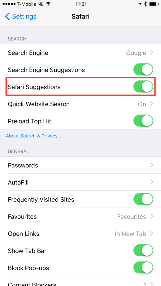 Disable Safari Suggestions to fix