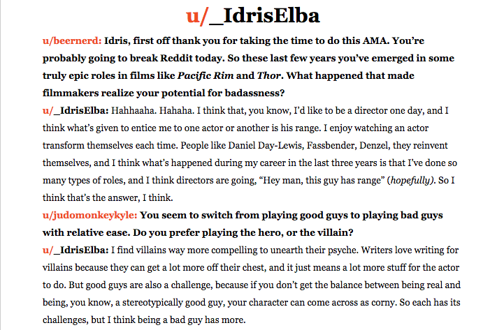 Snippet of Idris Elba's AMA in the book. 