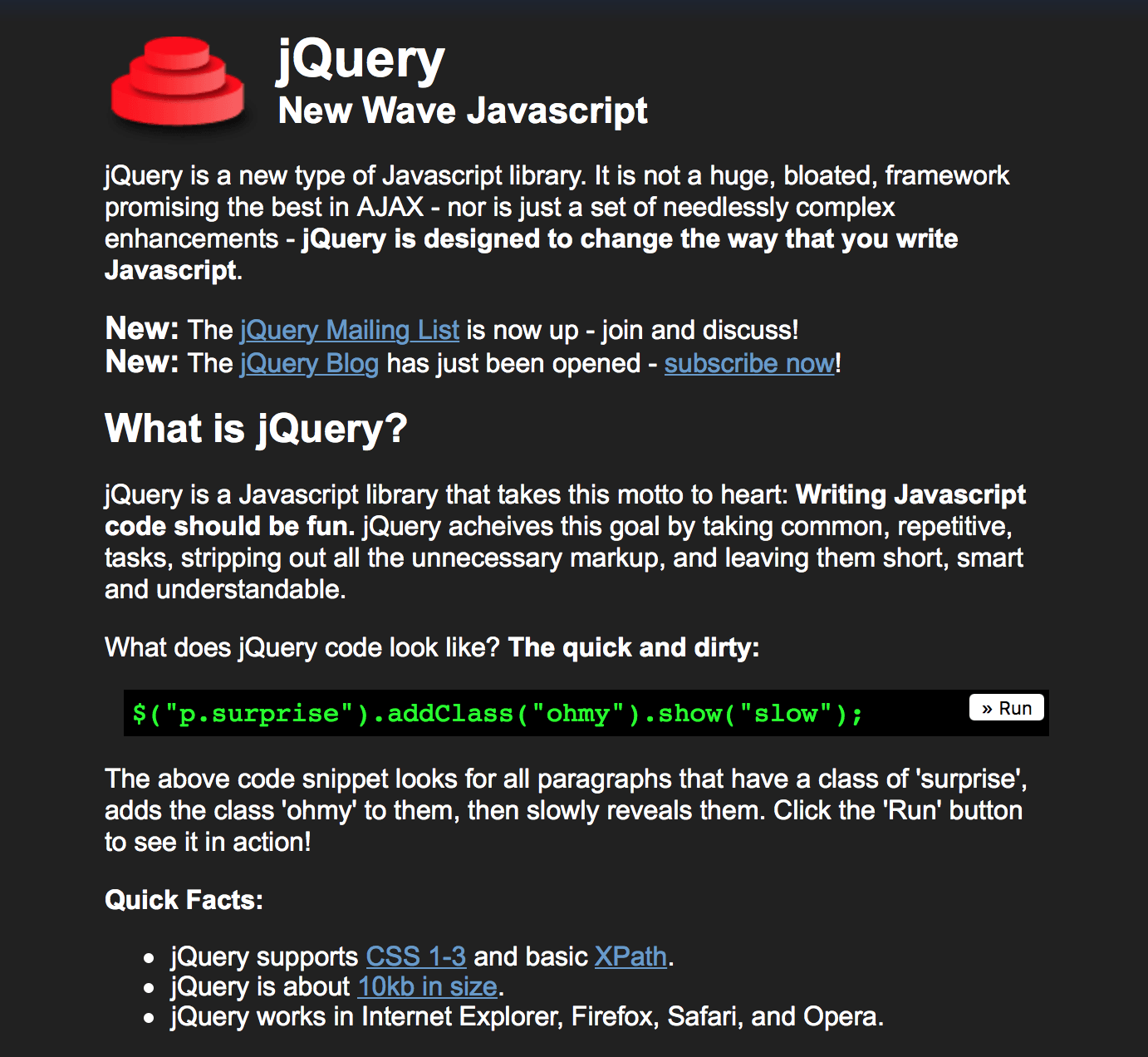 The jQuery site as it appeared in 2006