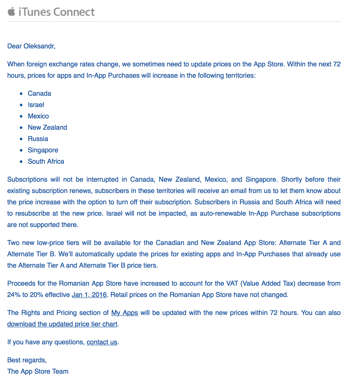 An email sent to iTunes Connect developers today