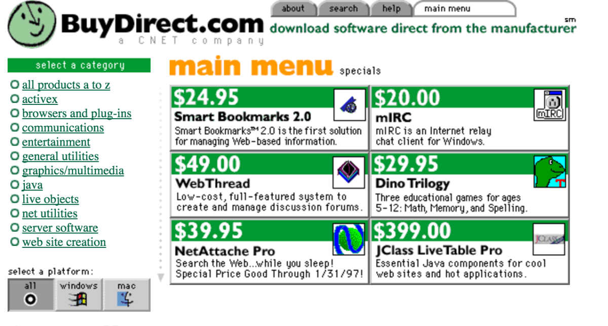 What it looked like to buy software online in 1996.