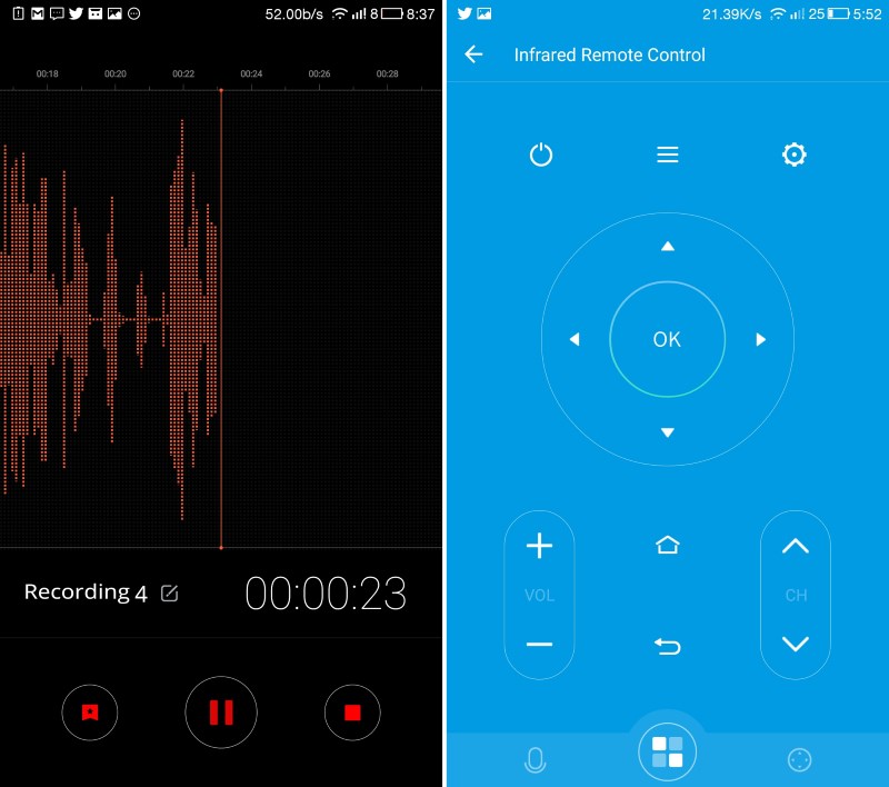 eUI's two most useful bundled apps are the voice recorder (left) and the remote control (right)