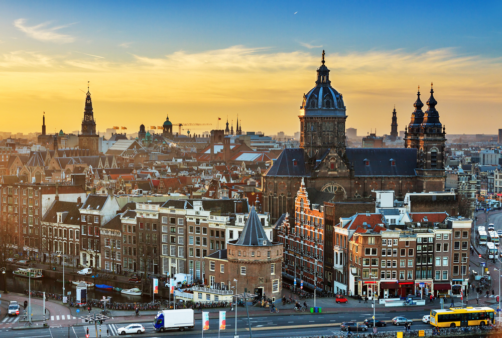 Panoramic view of Amsterdam at sunset