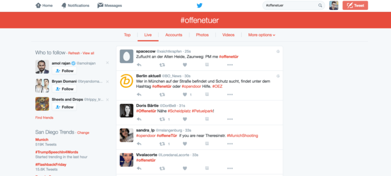 Find safe haven from Munich shooter using Twitter hashtag #offenetuer (open door)