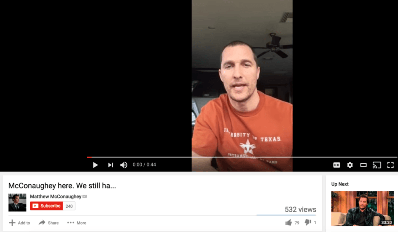 Matthew McConaughey has a verified YouTube channel nobody watches