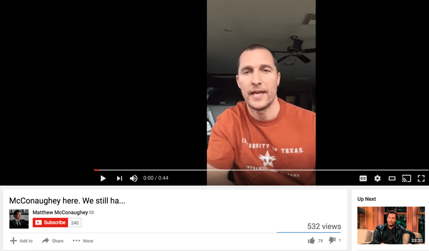 Matthew McConaughey has a verified YouTube channel nobody watches Featured Image