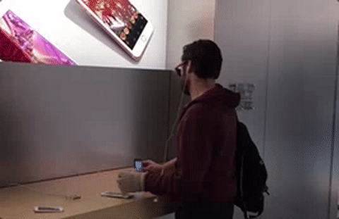 French guy calmly destroys everything in Apple Store with steel ball
