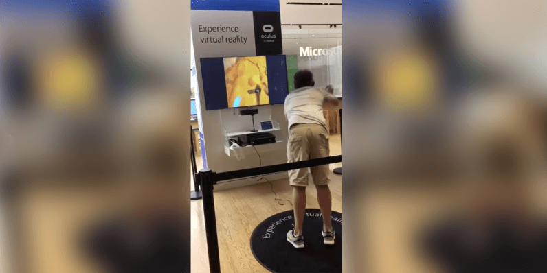 Man in VR headset falls off fake cliff and hits a very real floor