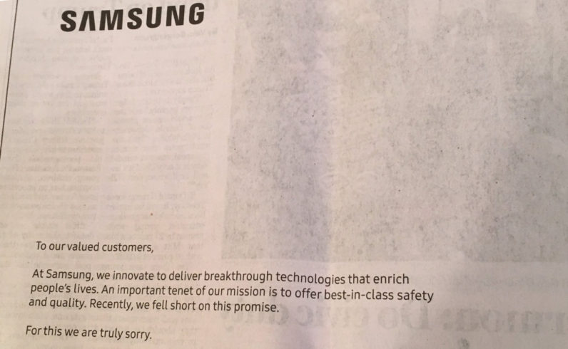 samsung note 7 full-page newspaper apology