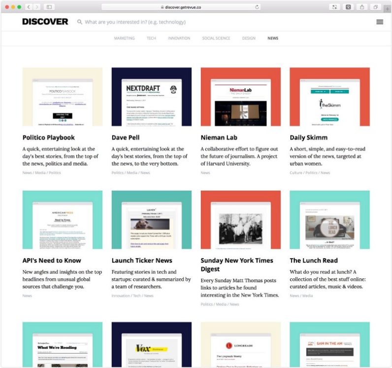 Revue’s Discover helps you find the most interesting email newsletters