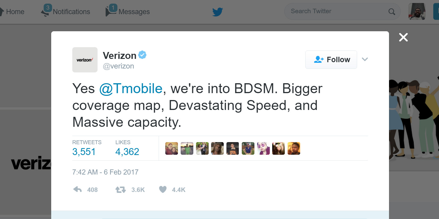 Verizon and T-Mobile engaged in a bondage-themed Twitter battle during the Super Bowl