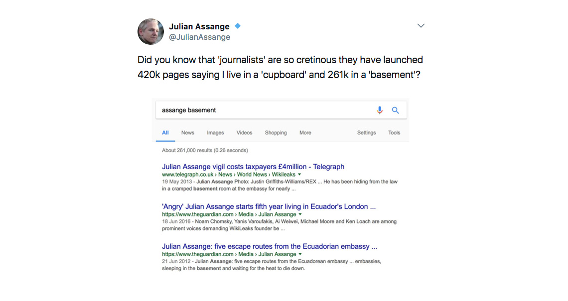 Wikileaks’ Julian Assange? is upset the media says he lives in a basement