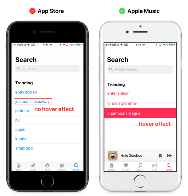 Lau points out how the hover effects in the App Store and Apple Music menus are inconsistent