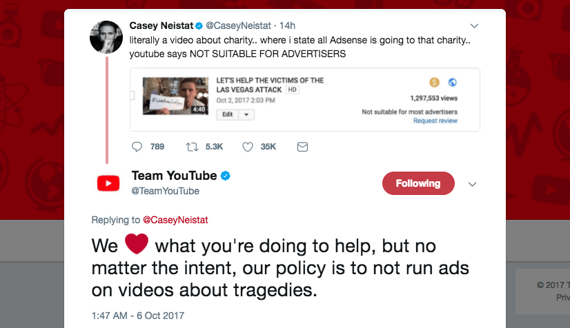 YouTube pulls ads from Casey Neistat video raising funds for the Las Vegas victims