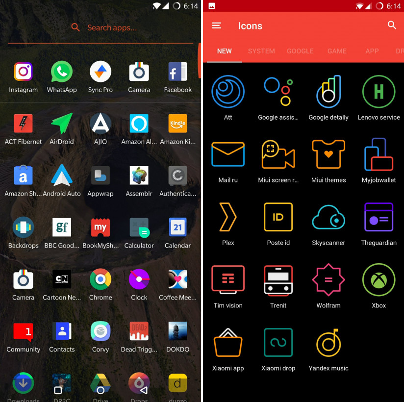 Frozy icons in action (left) and TwoPixel's icon pack app (right)