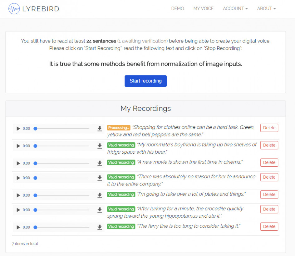It takes 30 sentences (roughly a minute's worth of audio) to train Lyrebird's system to create a digital voice